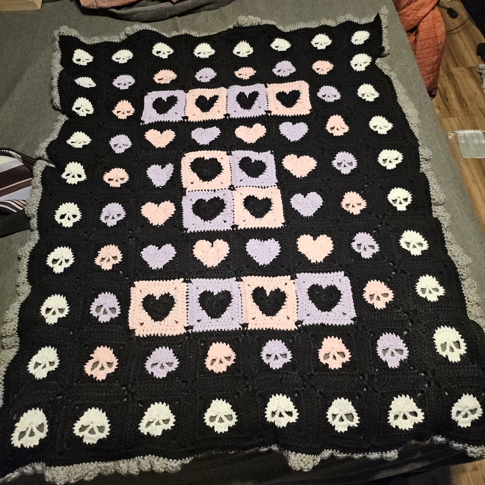 Black Crochet Blanket with Skull and Heart Patterns Handmade